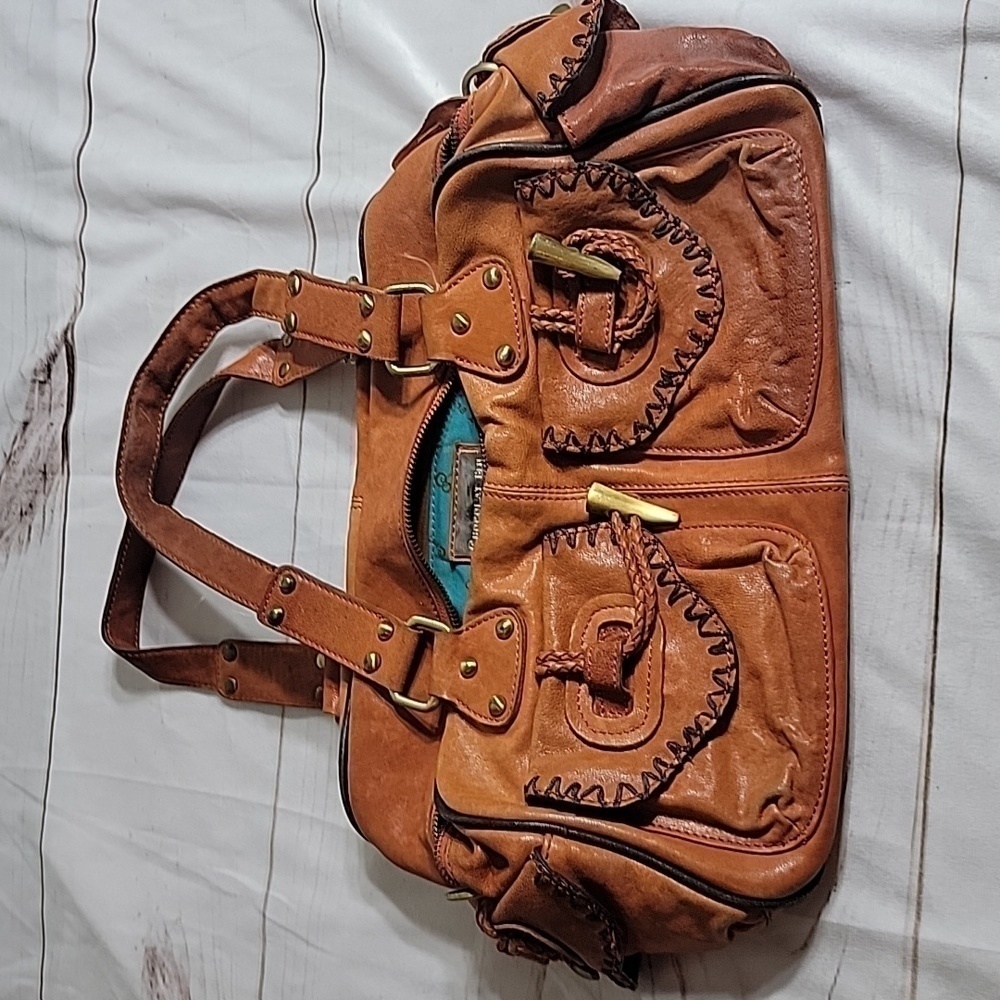 CHOCOLATE Blu Deep Orange Cream Soft Leather Handbag with Brown Trim